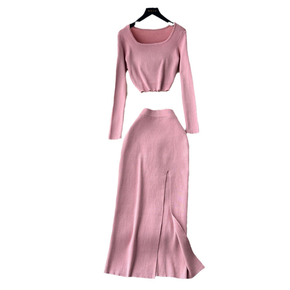 Autumn outfit set: women's chic & sexy short square neck long sleeve knit top with slit slim-fit bodycon midi skirt