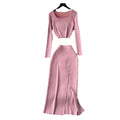 Autumn outfit set: women's chic & sexy short square neck long sleeve knit top with slit slim-fit bodycon midi skirt