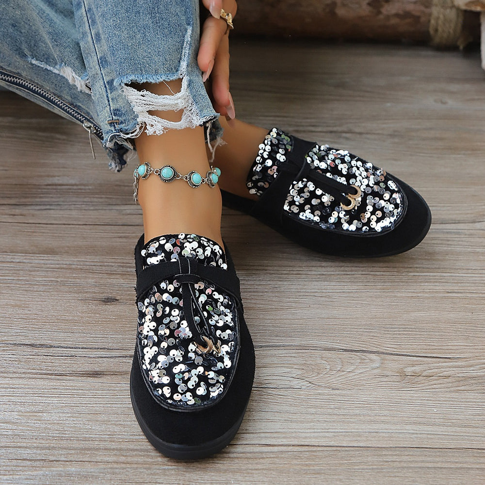 Plus size sequin flat slippers for women - soft sole, comfortable slip-on mules, stylish and versatile lazy shoes for outdoor wear