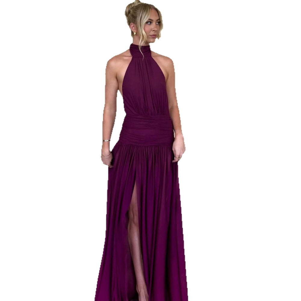 women's clothing  spring/summer new fashion halter neck sexy backless maxi dress with tie-up and slit