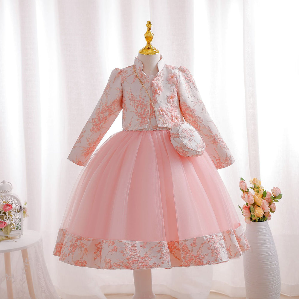 New children's formal wear set: gold thread wedding dress three-piece princess outfit for girls, perfect for piano recitals and special occasions