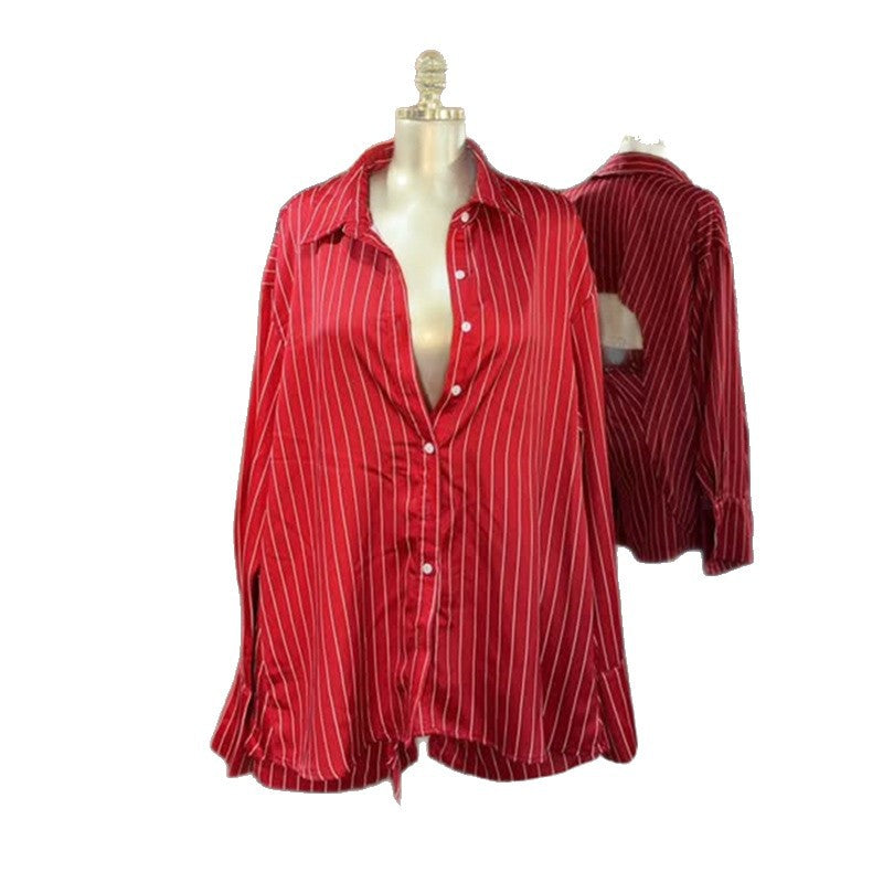 European and american style women's clothing  autumn new collection: sweet and fresh striped turn-down collar long-sleeve shirt and high-waisted straight-leg shorts two-piece set