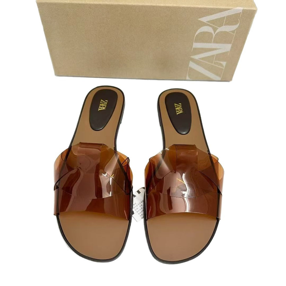 Za2025summernew arrival women's shoes one word fashionk-style transparent jelly sandals flats women's square toe sandals