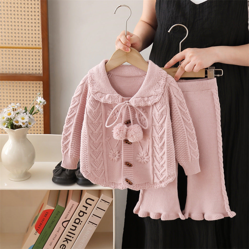Girls' knit sweater set  new style: handmade flower pom-pom bowknot top and pants two-piece outfit for little girls