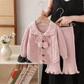 Girls' knit sweater set  new style: handmade flower pom-pom bowknot top and pants two-piece outfit for little girls
