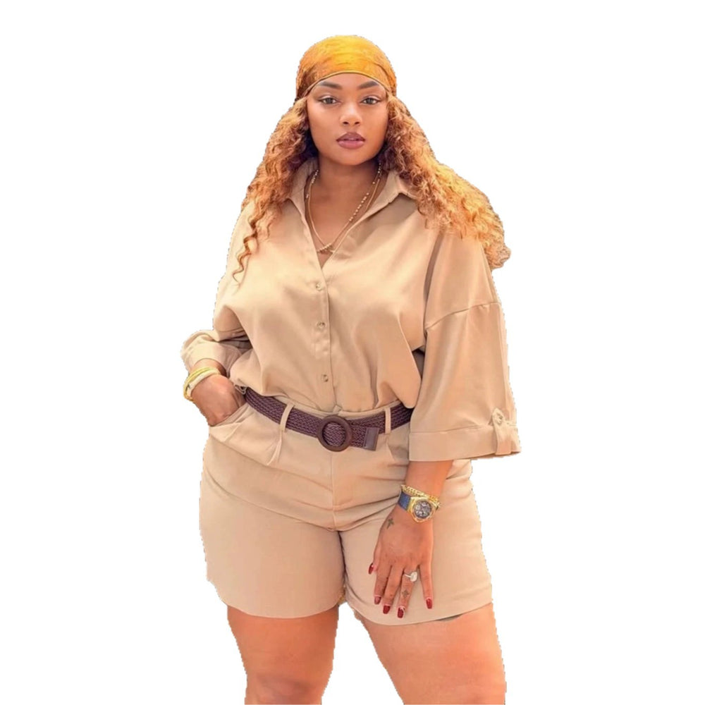 african women's clothing  summer new collection: casual solid color loose plus size blouse and high-waisted shorts fashion set