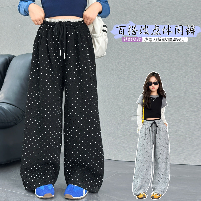Girls' spring and autumn pants  new style: korean style polka dot wide-leg pants for big girls, kids' casual straight-leg trousers