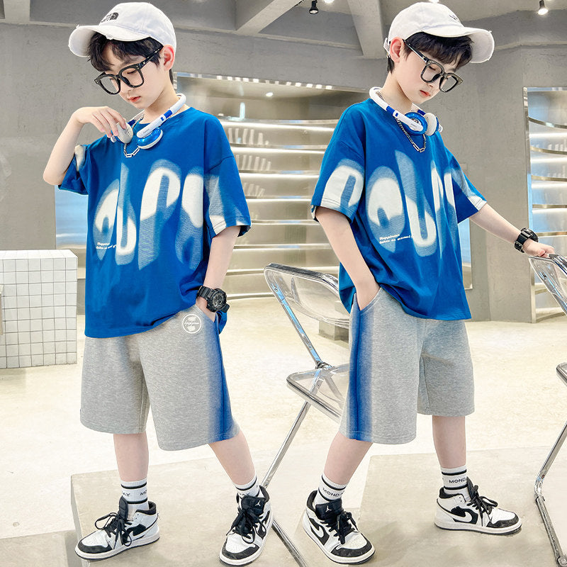 Boys' short-sleeve outfit: korean style, trendy summer two-piece set for older boys and teens -  new fashion kids' streetwear