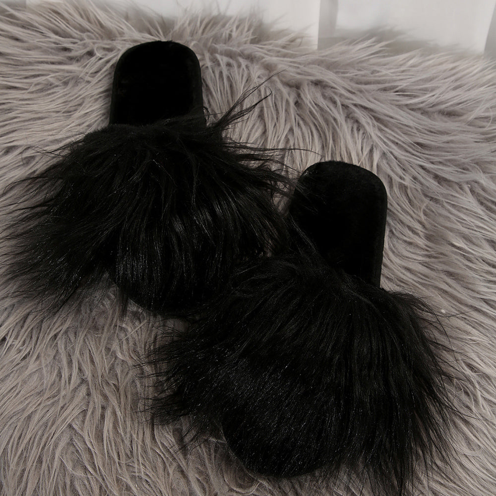 plus size open slippers women's long hair flip-flops family furry sandals thick bottom sandals heattech slippers for women