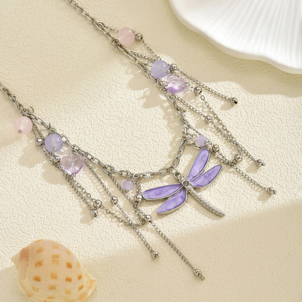 fashiontrendy purple dragonfly pendant necklace multi-layer tassel niche stylesense of designeleganteasiest for match clavicle chain