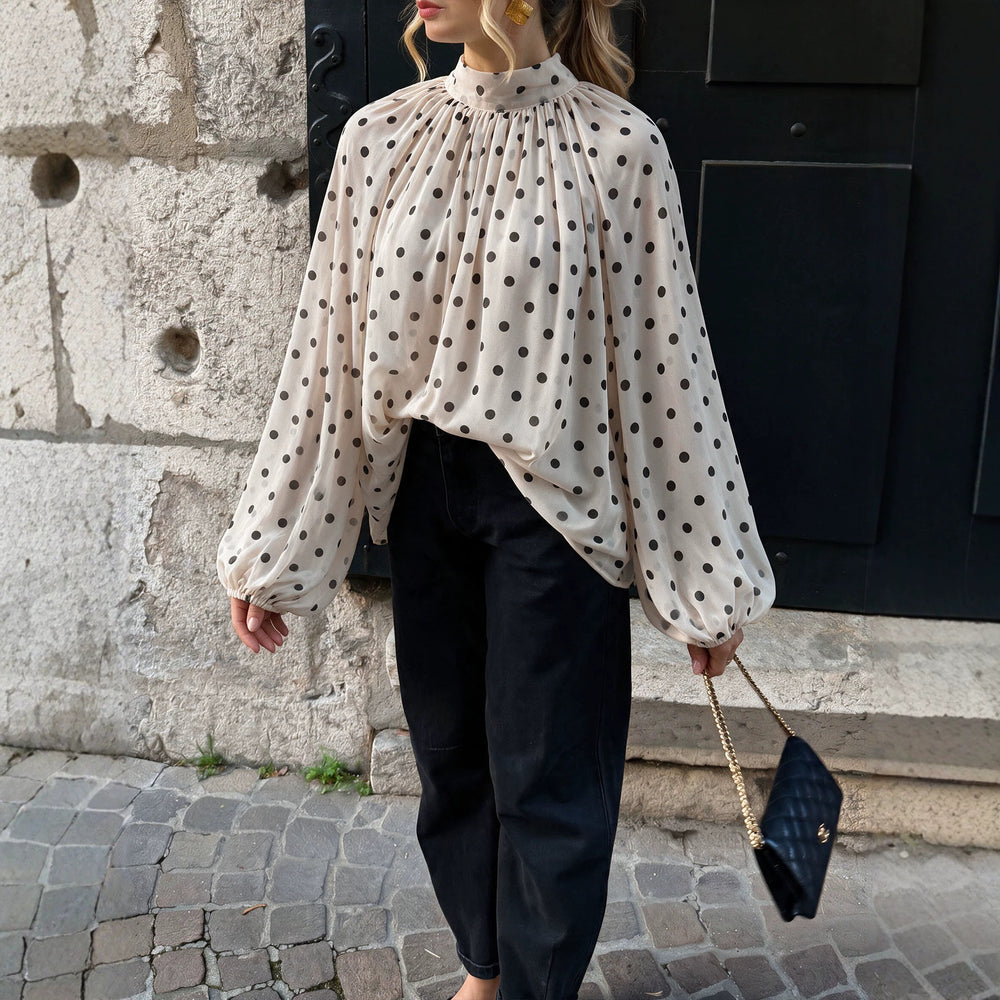 French retro polka dot chiffon blouse - semi-high neck, loose fit, oversized lantern sleeves, long sleeve top - stylish and versatile