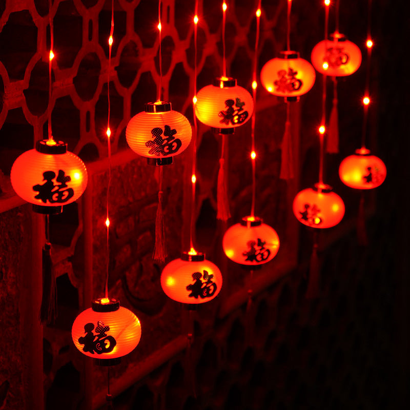 Chinese New Year red lanterns Fu character lanterns Spring Festival led balconies New Year's home decoration lighting flashing lights string lights full of stars