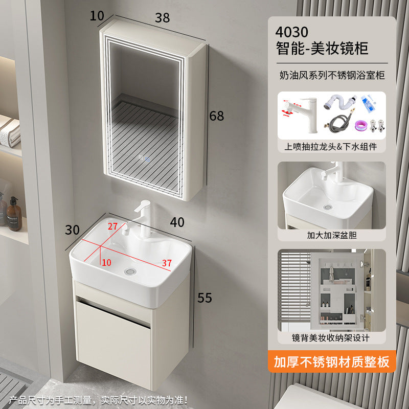 Small apartment bathroom cabinet Thickened stainless steel washstand Integrated cabinet Storage mirror Washstand Deepened ceramic integrated basin