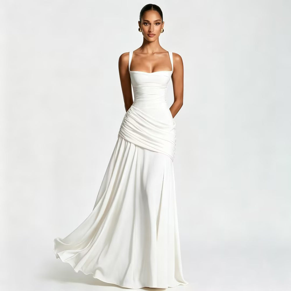 European and american style women's spring  new arrival: elegant solid color low-cut ruched camisole dress with cinched waist and open back - wholesale