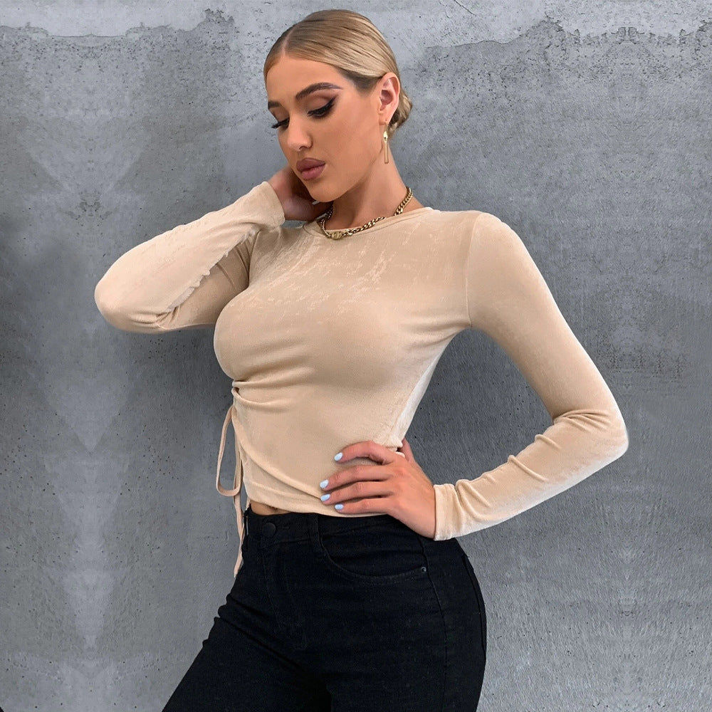 Cross-border Europe, America and the United States spring and summer 2024 new pleated slim round neck pullover glossy long-sleeved T-shirt knitted top women