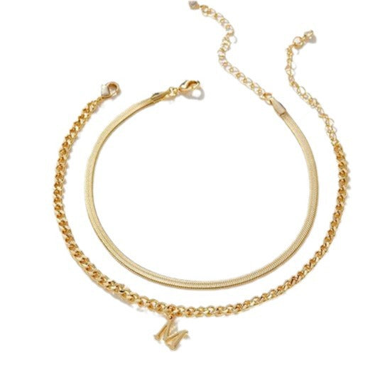 European and american style 26 alphabet letter pendant anklet - gold stainless steel layered snake chain - trendy & unique jewelry