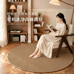 Round imitation sisal rug - vintage style, foldable, non-slip, machine washable - perfect for living room, bedroom, or chair pad