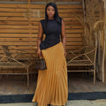 European and american style women's  autumn sweet & fresh round neck asymmetrical sleeveless top with high-waisted pleated midi skirt two-piece set