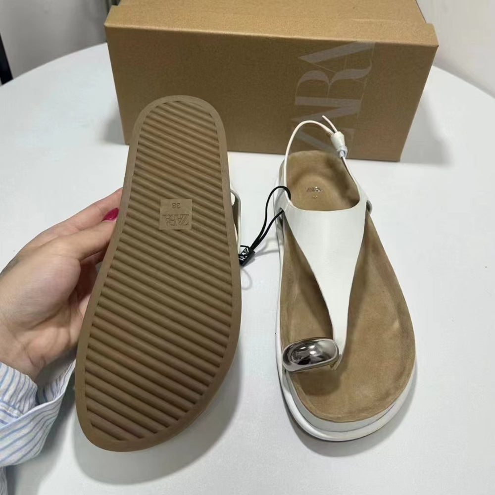 Za new 2024 european and american thick-soled round-toe structured sole angled metal buckle embellished versatile casual sandals for women