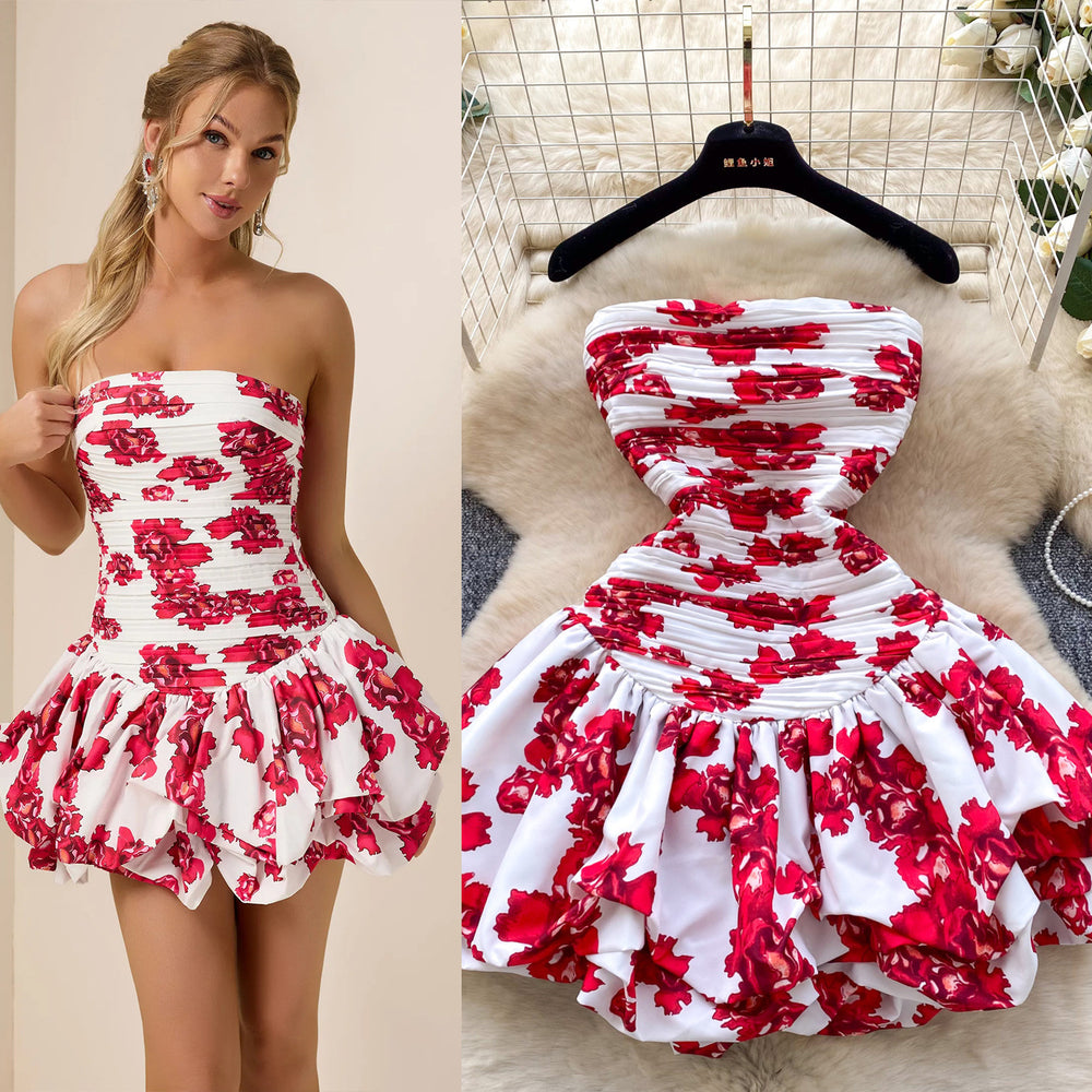 French holiday style one shoulder tube top puffy skirt women's clothing niche style pleated elastic off-shoulder hem ruffles skirt