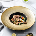 Japanese-style black gold-plated ceramic steak plate - solid color retro dinnerware for home use - pasta plate, sushi plate, vegetable plate