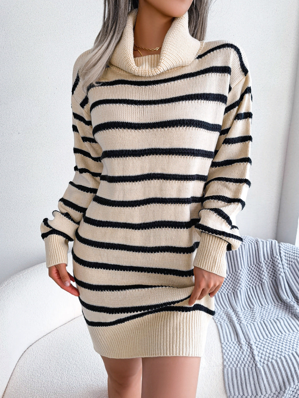 Real shot 2022 autumn and winter European and American casual turtleneck striped long-sleeved primer sweater skirt, independent station  women's clothing