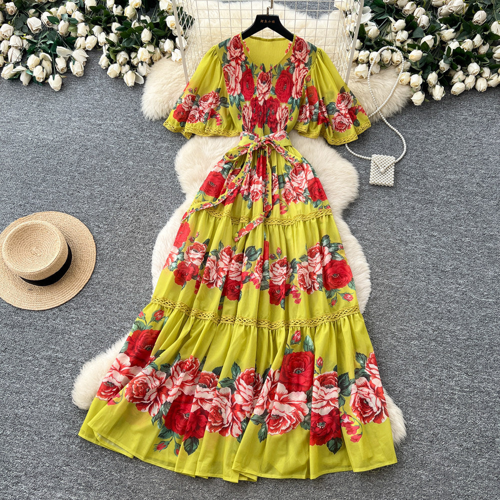 French riviera style printed short-sleeve pleated dress - women's summer v-neck, cinched waist, tie-up maxi dress - high-end, slimming fit