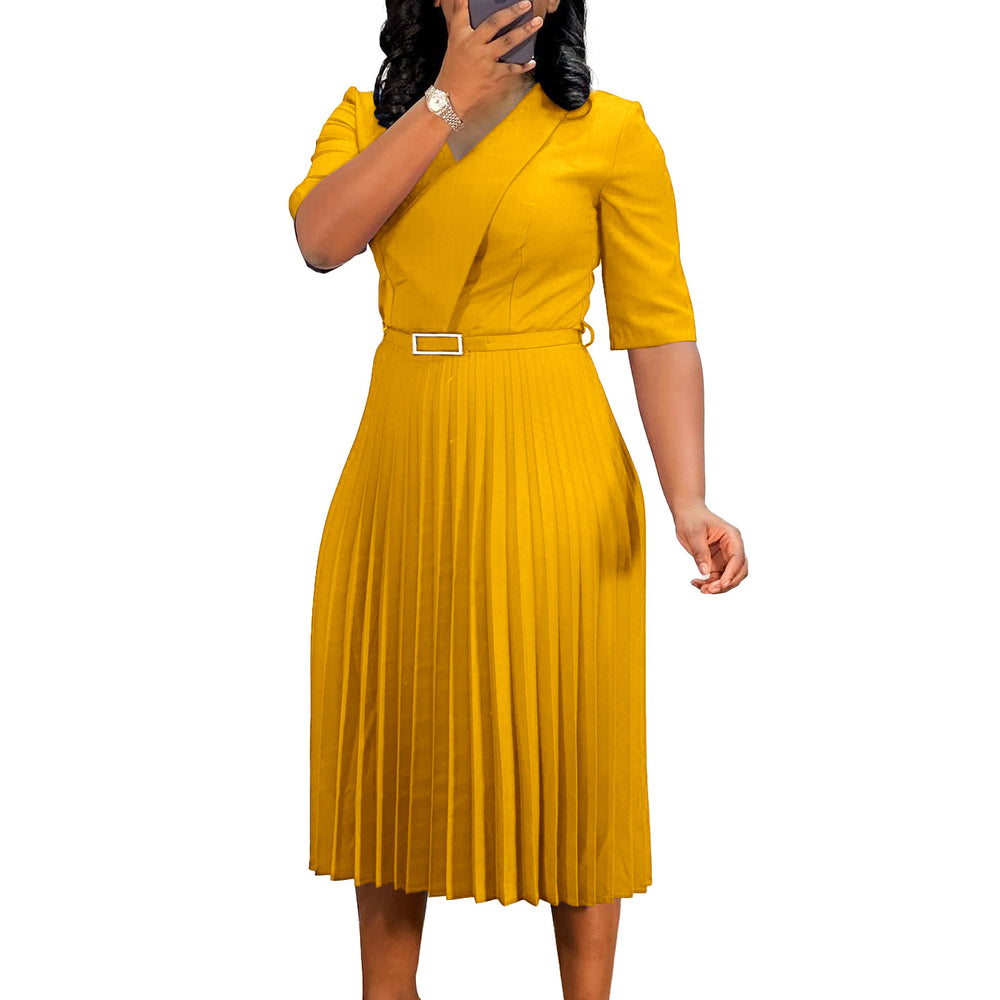 D3296  foreign trade women's clothing  new solid color v-neck fashionable elegant pleated african cross-border dress