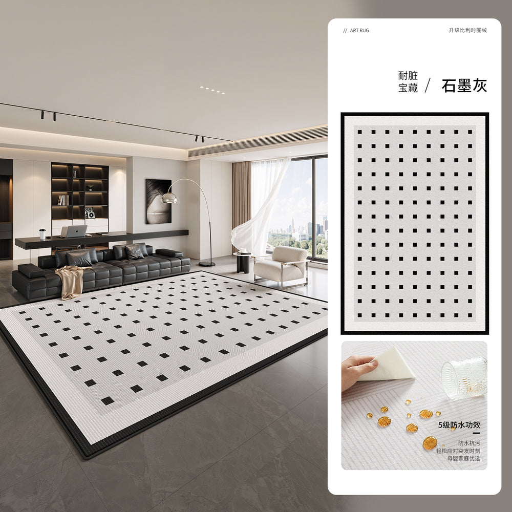 Carpet living room 2026 new french style black and white grids waterproof washable bedroom bedside sofa floor mat