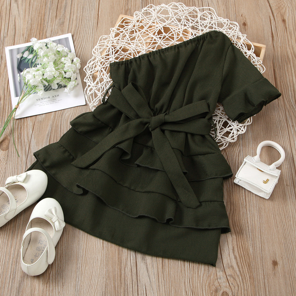 Clear! fashion cross-border girl pure color oblique shoulder patchwork multi-layer skirt dress qingqing warehouse style