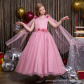 Custom-made girls' tulle dress, longline bow detail, children's princess gown with shawl, elegant european and american style, cross-border e-commerce