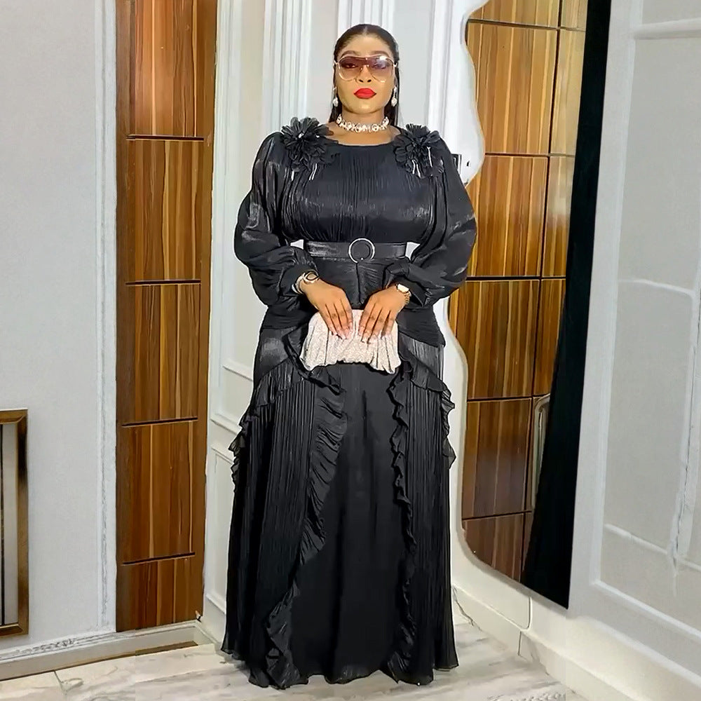 fashionfashionelegantflower dress african export  plus size women's pleated long sleevesdress