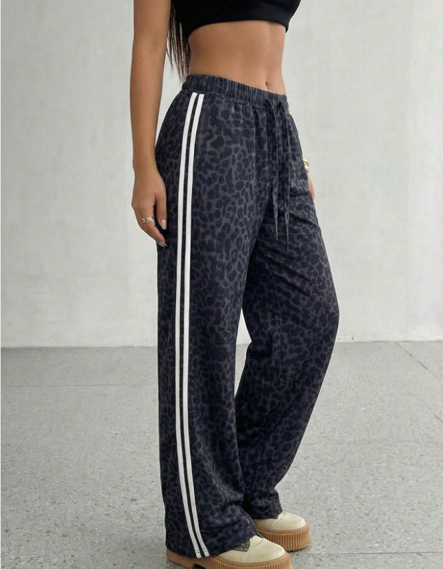 european and american ins style leopard print patchwork wide-leg pants - high waist, loose fit, trendy brand, slimming, casual straight leg