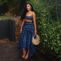 European and american cross-border women's fashion:  summer new sexy striped bandeau top and asymmetrical midi skirt fashion set