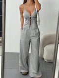 european and american women's two-piece outfit: summer fashion striped tie-up cami top and wide-leg pants set