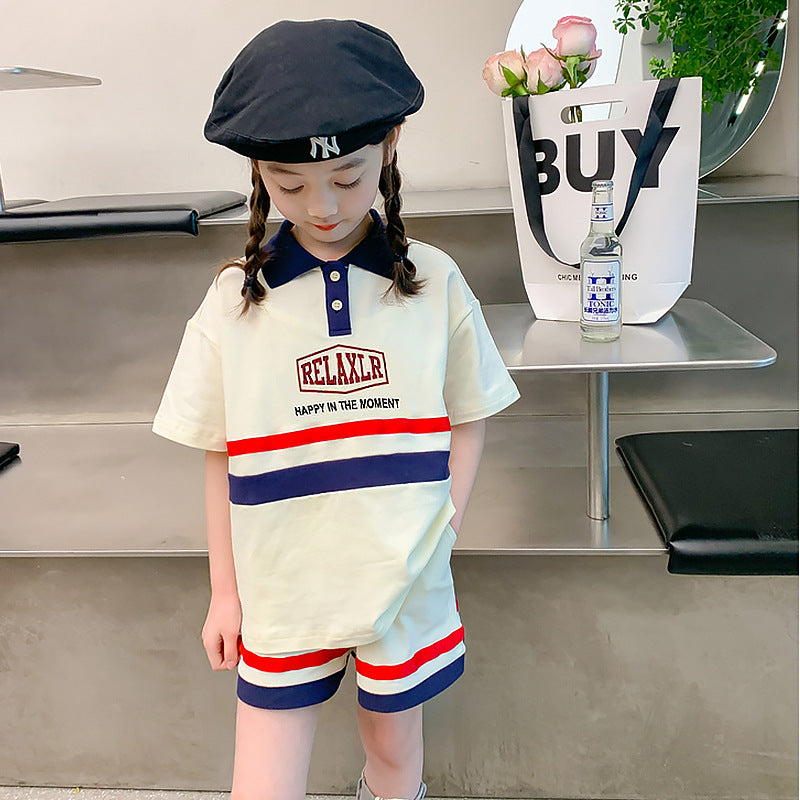Girls' summer outfit : stylish korean-style polo shirt and shorts set for girls - casual two-piece set