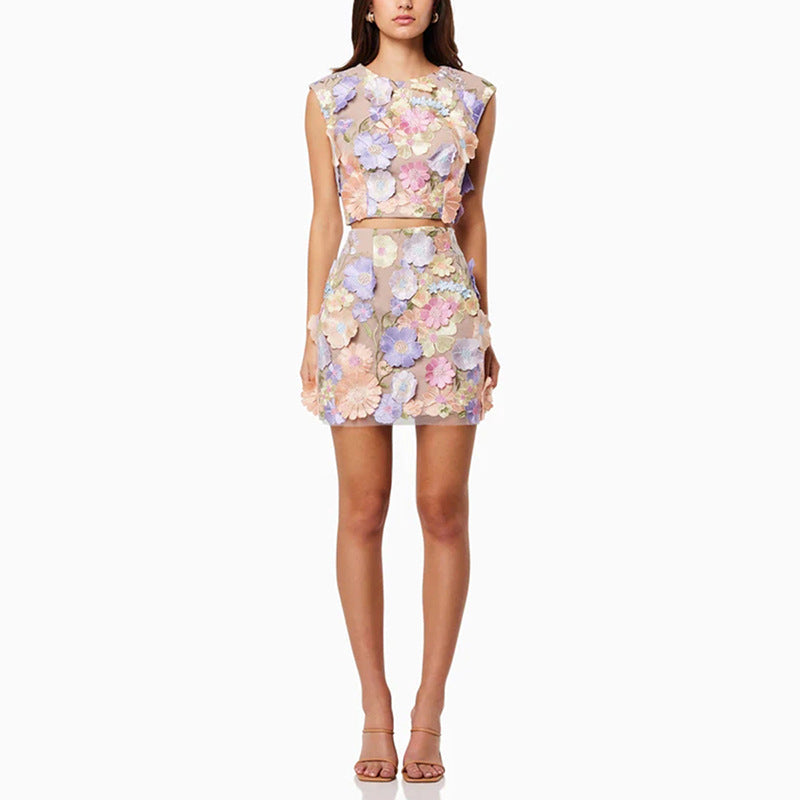 Spring  women's skirt set: high-end embroidered crochet sleeveless cropped top and bodycon midi skirt two-piece outfit
