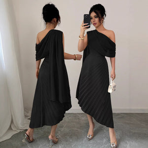 Amazon fashion cross-border women's french one shoulder ribbon asymmetrical pleated classy banquet dress dress