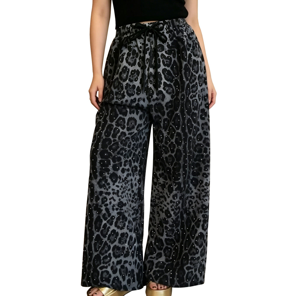 C7768 cross-border  new women's rhinestone drawstring wide-leg pants, vintage animal print casual trousers