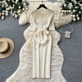 Korean style commute-ready knit dress - women's summer short sleeve single-breasted tie-waist slimming midi dress