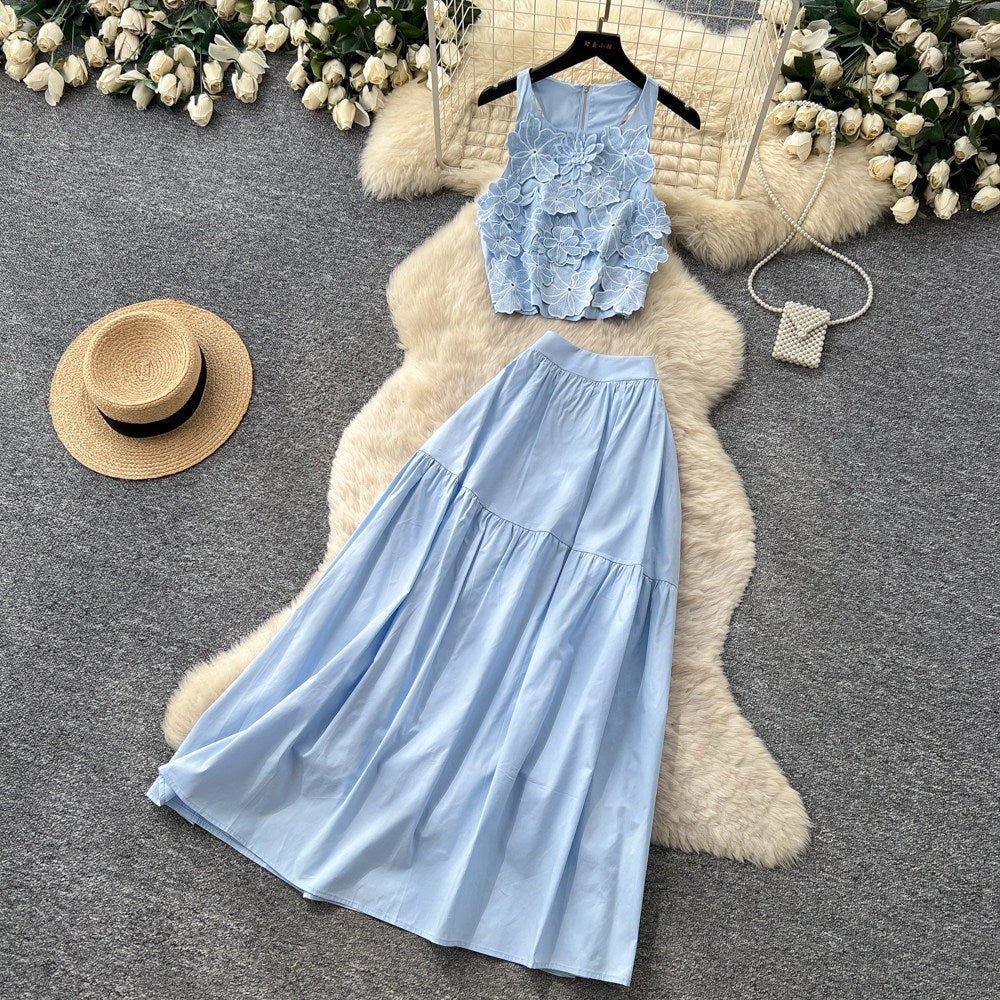 French sweet style blue vest high-waisted tiered skirt two-piece set - women's summer commute chic slimming elegant outfit