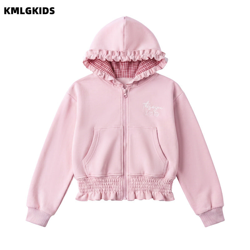 Factory wholesale kids' hooded jacket - spring/autumn girls' casual zip-up hoodie with lace trim and short cardigan top