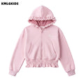 Factory wholesale kids' hooded jacket - spring/autumn girls' casual zip-up hoodie with lace trim and short cardigan top