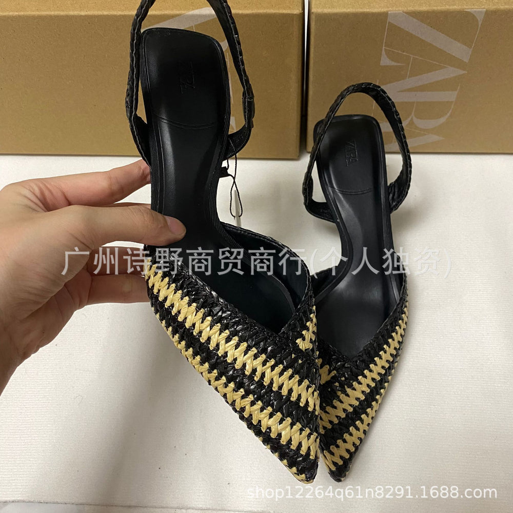 Za2023autumnew arrival high heels fashion pointed toe color matching patchwork woven material high heel sandals women's shoes stylish