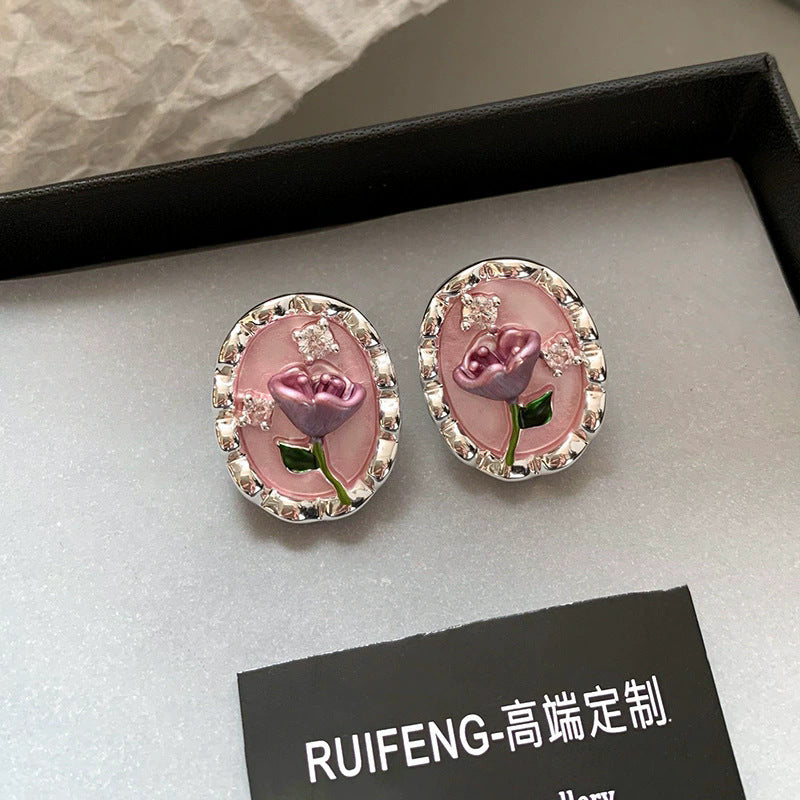 New silver needle monet garden oil painting style enamel earrings, 18k gold plated fashion retro earrings for women
