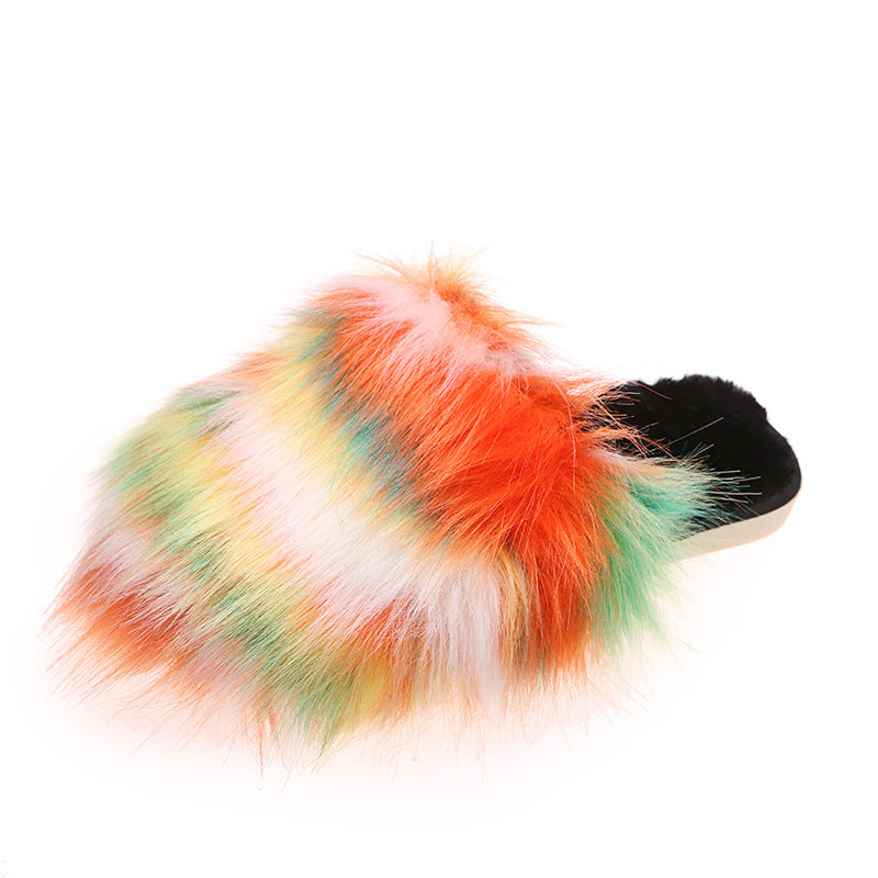 imitation fox fur slippers for women outwear2024fall and winternew arrivalcolor matchingheattech slippers flats toe-cap indoor slippers