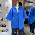 European and american cross-border women's fashion:  autumn new arrival - casual turn-down collar solid color loose fit fashionable three-quarter sleeve blouse top