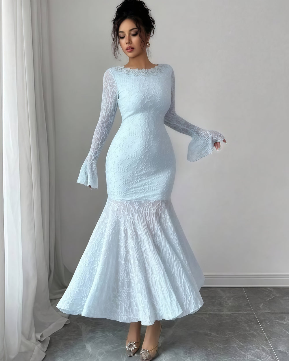 European and american cross-border women's fashion:  early autumn new arrival - solid color flared long sleeve crew neck slim fit maxi mermaid dress
