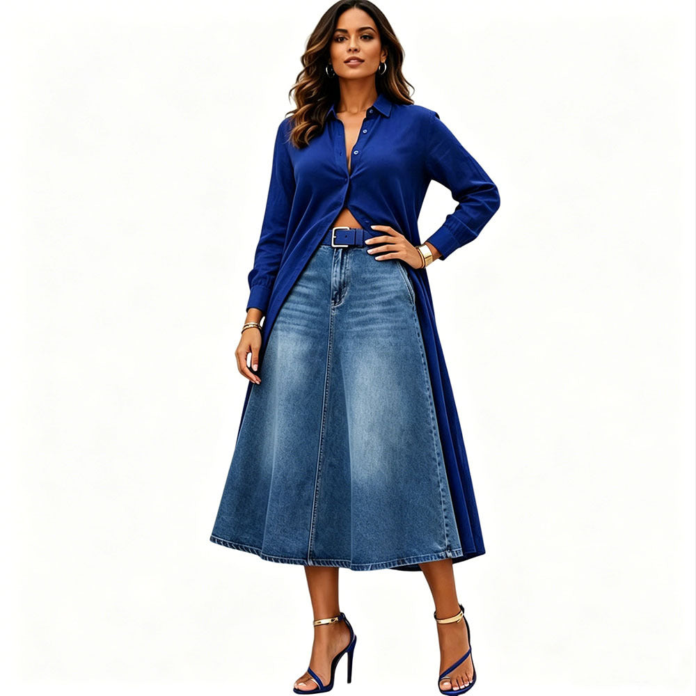 European and american style women's casual denim midi skirt - new  cross-border fashion, street style, washed high-waisted long skirt