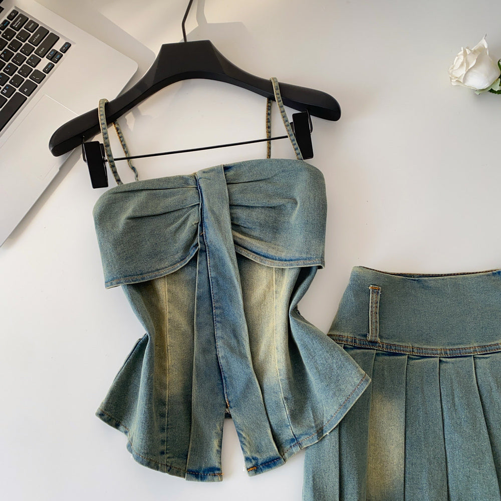 Western cowboy style bandeau cami top & pleated skirt two-piece set - women's new summer slimming & age-defying outfit